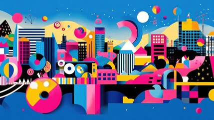Obraz premium A vibrant, abstract cityscape featuring colorful shapes and patterns.