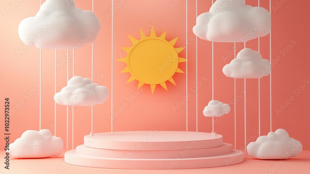 Poster 3d rendered display podiums featuring a charming sun and suspended paper clouds