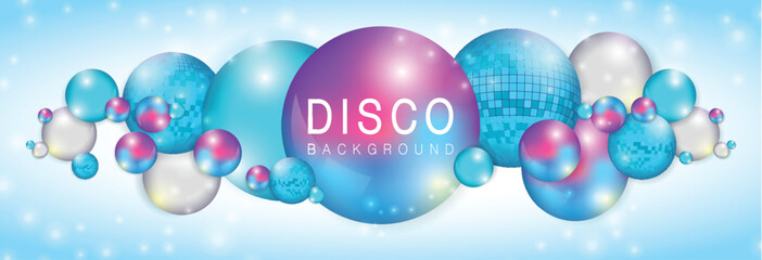 3D abstract background with holographic blue spheres and disco ball spheres. Disco ball background. Disco party poster. Vector illustration