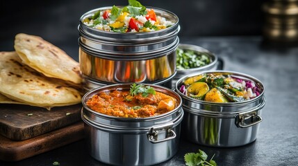 Steel tiffin box with vibrant Indian dishes, colorful, neatly arranged, against a simple backdrop.