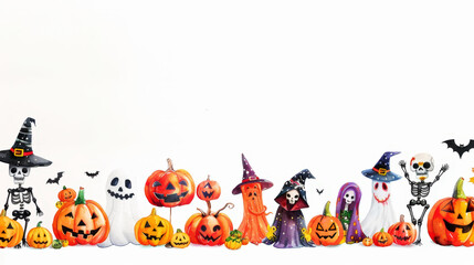 Naklejka premium Aesthetic halloween watercolor mockup with pumpkins, ghosts, skeletons, pastel light colors and backdrop. Generative AI