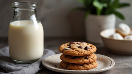 Cookies and milk on a rustic table setting.