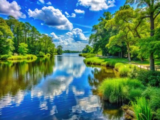 Fototapeta premium Scenic Landscape of Norfolk County Virginia Featuring Lush Greenery and Serene Water Bodies