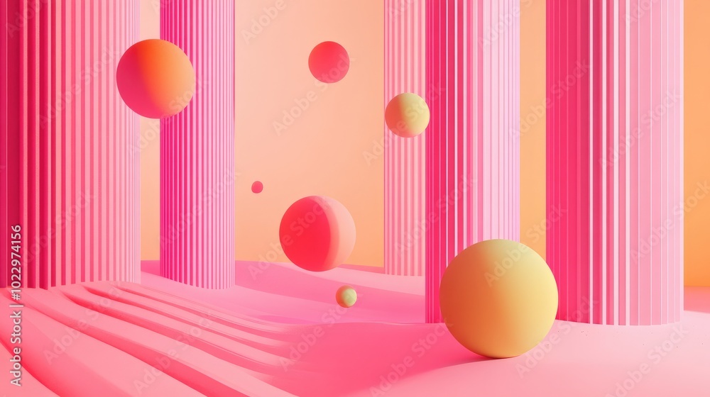 Poster 3D Illustration Of Colorful Geometric Objects Floating In A Surreal Pink Neon Background Meta Aesthetics Metaverse Banner For Digital Wallpaper