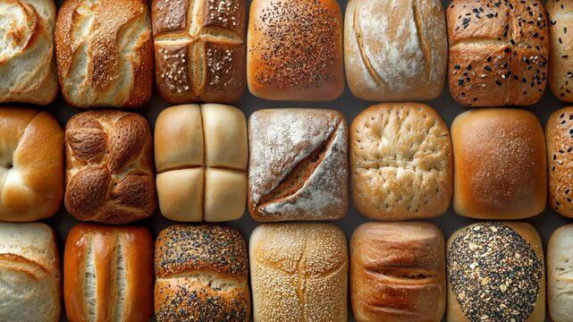 A variety of freshly baked bread rolls, arranged in rows on a table
