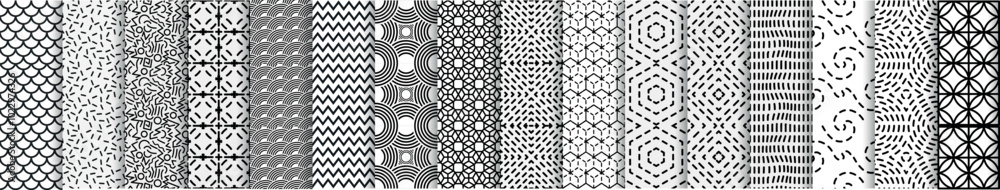 Poster Seamless geometric patterns. Seamless retro 50-s patterns ideal for wallpaper and fabric design. Vector trendy backgrounds in 70s style