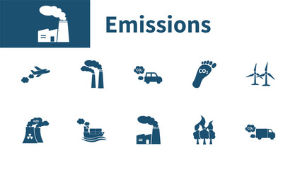 Emission icon. Set of solid vector icons on the theme of industry, factory, CO2, environment, climate change.