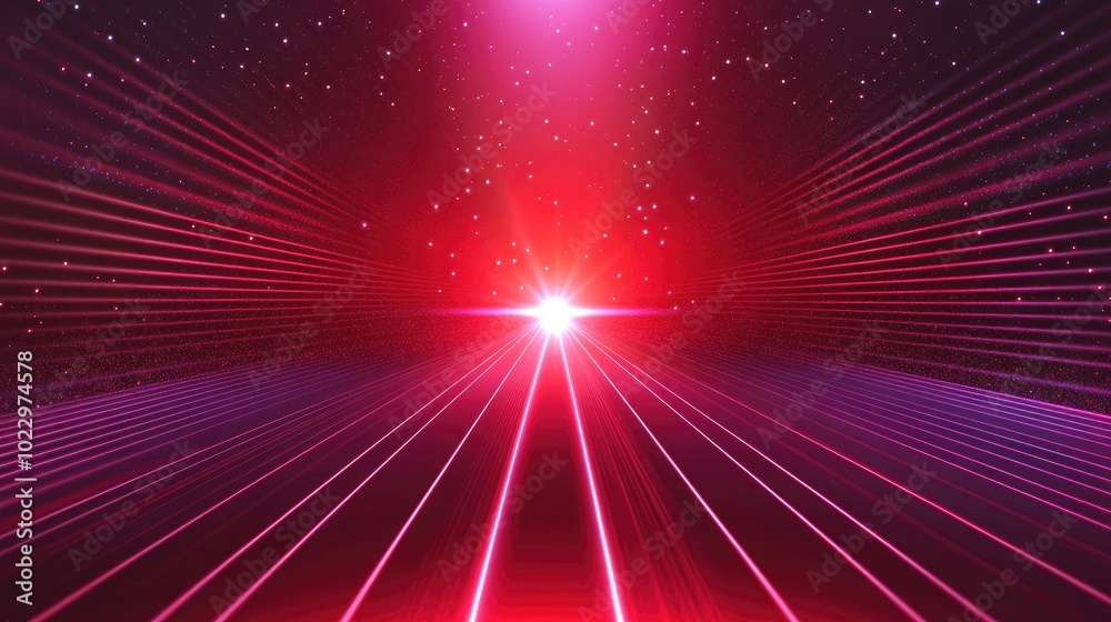 Poster abstract red background with glowing neon lines and bright flash dark futuristic stage perspective l
