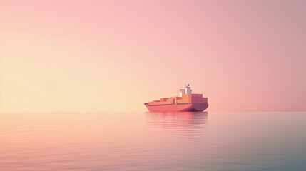 Fototapeta premium panorama of a large cargo ship in the sea 2d illustration shape looks 3d side view red shades soft pastel colors presentation solid background cartoon UI motion graphics style 
