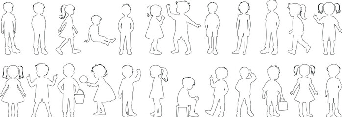 Children silhouette outline vector, boys girls standing sitting playing in various poses. Simple kid characters perfect for educational materials, child development illustrations, school projects
