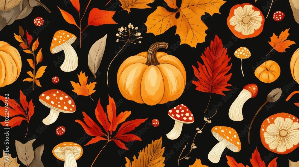 Poster charming autumn pattern featuring pumpkins yellow leaves and mushrooms set against a black backgroun