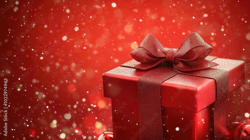 Poster a stunning red gift box adorned with a ribbon and bow positioned against a lively red backdrop ideal