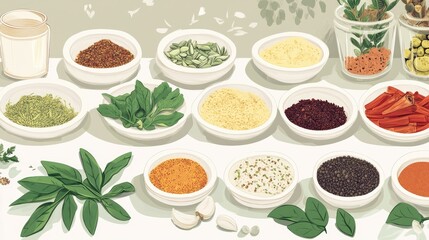 A variety of spices and herbs on a tabletop showcasing organic and natural ingredients