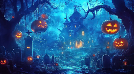 Halloween night background with pumpkins, lanterns, and a haunted house in the style of digital airbrushing cartoon, in dark orange and light blue, with detailed foliage, full moon lighting, 