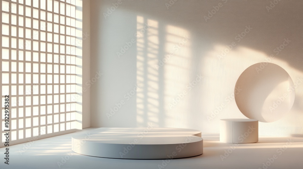 Aufkleber 3D rendering of a studio featuring geometric shapes and a podium on the floor Platforms designed for product showcase with a mockup background An abstract composition in minimalist style