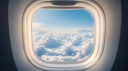 A clear view from an airplane window reveals a vast expanse of fluffy white clouds against a bright blue sky during a peaceful journey through the atmosphere.