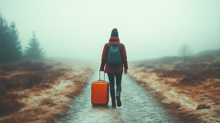 A person in a red jacket carries a bright orange suitcase while walking along a winding dirt path. The setting features a foggy landscape with sparse vegetation, creating an atmospheric mood.