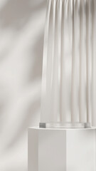 3d rendering mockup template of frosted glass podium in portrait with white cloth and wall