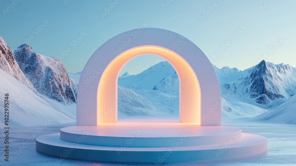 Aufkleber Abstract winter composition featuring geometric shapes an arch above a podium illuminated by natural light set against a minimal surreal backdrop 3D rendering