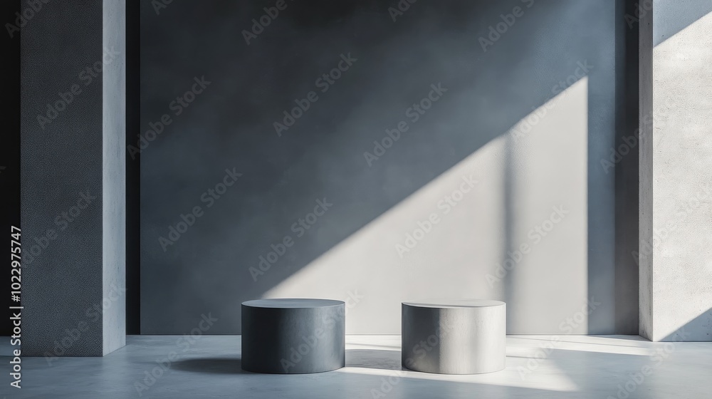Poster 3D rendering of an abstract grey backdrop featuring a modern minimalistic display with two vacant cylinder pedestals for showcasing products