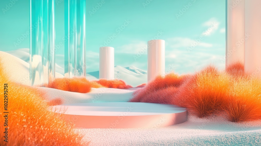 Poster 3D rendering of a surreal landscape featuring vibrant grass and sandy terrain with a podium and abstract glass shapes in the background creating a futuristic fantasy scene