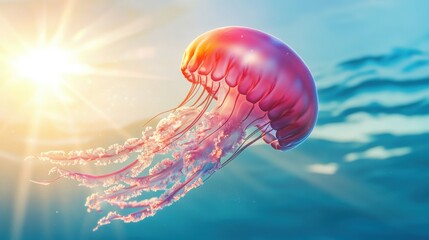 Colorful Jellyfish Under Bright Sunlight in Ocean