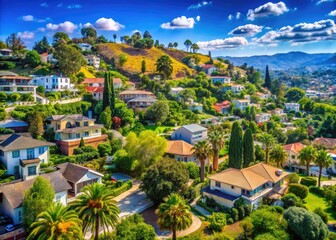 Scenic Suburbs of Los Angeles with Lush Greenery and Beautiful Homes Under Clear Blue Skies