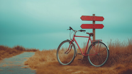 Obraz premium A vibrant red bicycle rests against an old signpost on a grassy path. The cloudy sky creates a serene atmosphere as dusk settles in, inviting exploration and adventure.