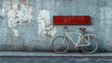 The scene features a classic white bicycle resting against a faded blue wall adorned with peeling paint, reflecting a serene urban atmosphere during the afternoon.