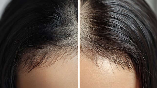 Before-and-after scalp photos in an article discussing the effectiveness of hair loss shampoos, showing hair regrowth and reduction of thinning areas over time