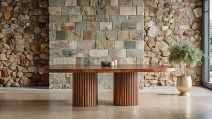 Modern wooden table in front of a textured stone wall.