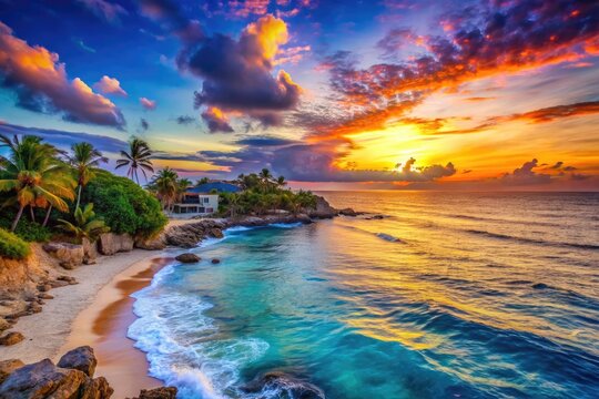 Scenic View of Acajutla's Beautiful Shoreline with Clear Blue Waters and Vibrant Sunset Sky