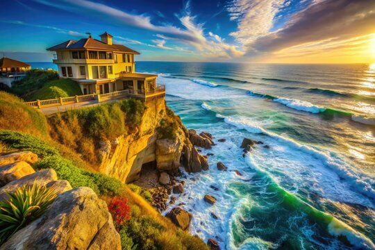 Scenic View of a Cliff House Overlooking the Pacific Ocean in California's Coastal Landscape