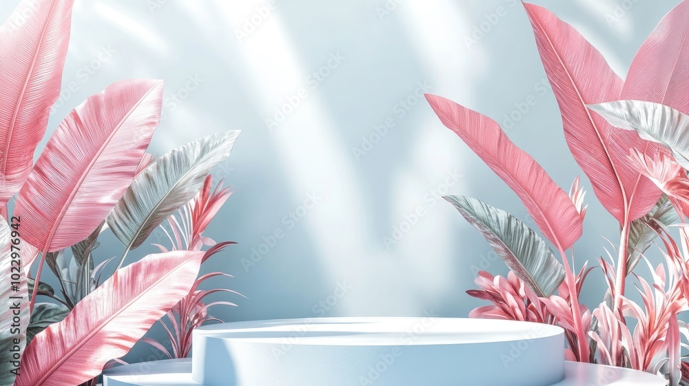 Poster 3d rendering of an abstract podium display featuring tropical leaves and coral pink plants suitable 