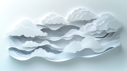 Layered paper cut cloud shapes in soft whites and grays, creating a minimalist sky scene, paper cut clouds, minimalist decor