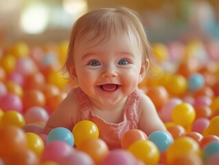 Fototapeta premium a cheerful baby plays joyfully in a colorful ball pit, surrounded by a vibrant array of soft balls, capturing the essence of childhood innocence and fun in a bright, playful environment