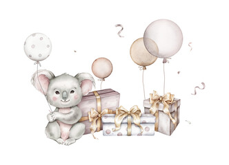 Watercolor koala and balloons and set gifts with bow on isolated background. Hand drawn illustration for greeting cards stack of gift boxes for birthday pastel colors. Australian animal isolated