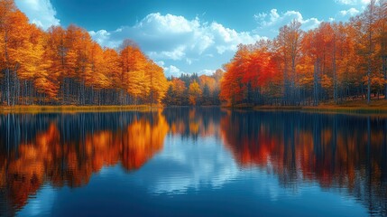 Fototapeta premium a tranquil scene of colorful foliage reflects beautifully on calm lake waters during a picturesque autumn day capturing the essence of natures change and the serene beauty of the season