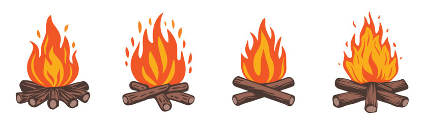 Set Collection Woodcut Campfire or Bonfire Vector