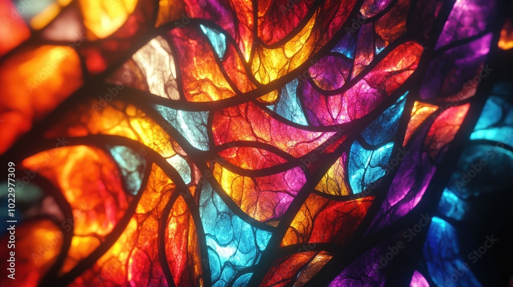 Poster Abstract stained glass with vibrant fractal patterns Colorful and chaotic 3D rendered textures creating a fantastical visual experience