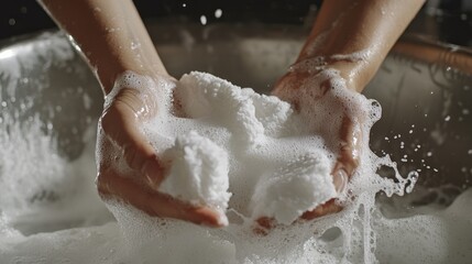 Fototapeta premium Woman hands squeezing white towels in an aluminum basin, soap suds covering her fingers