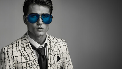 Fototapeta premium A man in a white suit and blue sunglasses stands confidently, exuding a stylish and professional demeanor in minimalist style