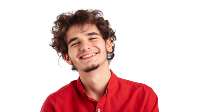 portrait of a happy young man wearing red shirt isolated on transparent background