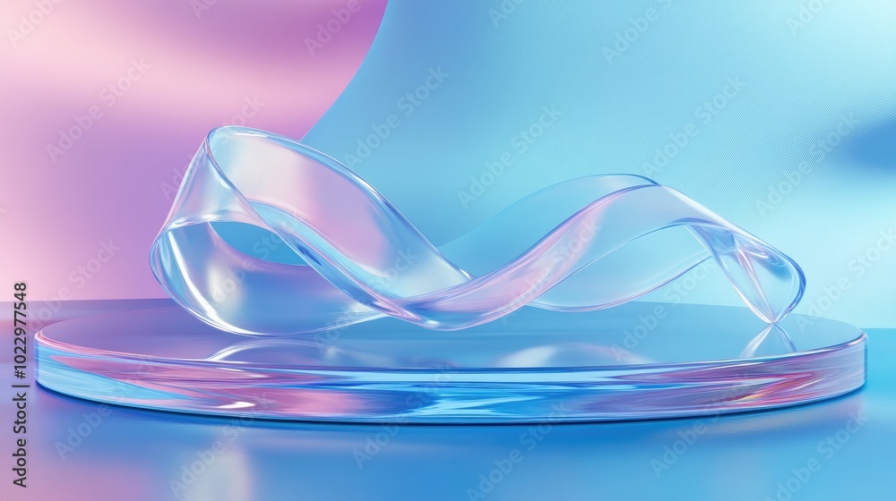 Poster 3d render of a podium featuring a transparent glass wavy ribbon on water set against an abstract geo