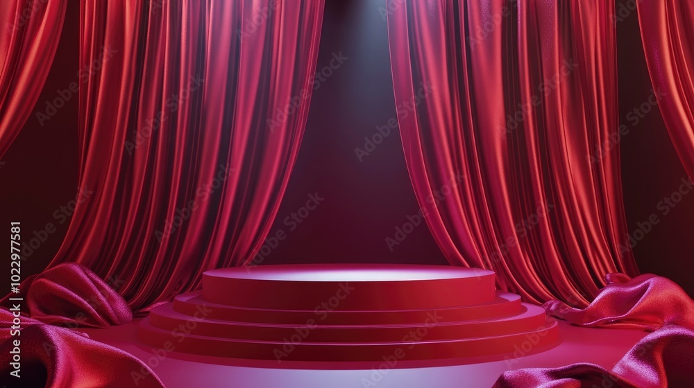Poster 3D podium with red background and fabric curtain illuminated by spotlight in a luxurious setting