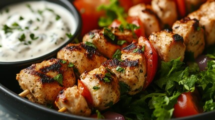 Grilled chicken skewers with tomatoes and onions on a bed of greens, served with a side of creamy sauce.