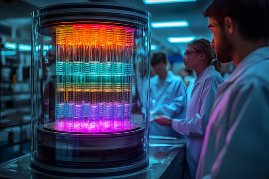 A futuristic quantum computer encased in glass, with colorful quantum bits (qubits) floating in a vibrant energy field, surrounded by scientists in white lab coats. Generative AI