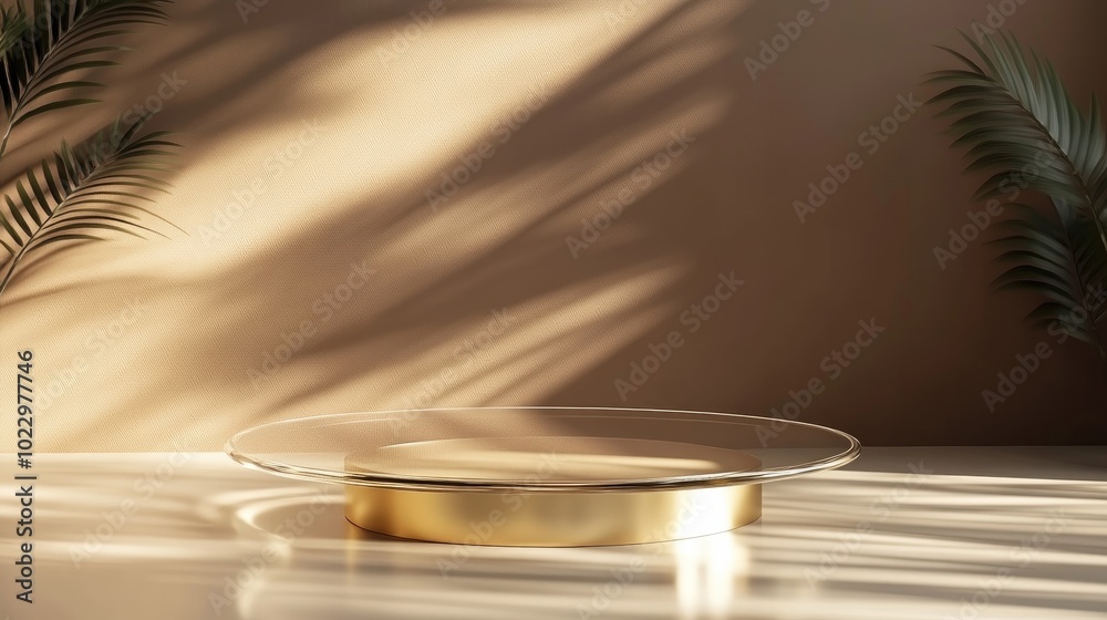 Poster 3D render of an empty space on a round luxury glass table with a golden stand designed for premium product display templates The backdrop features sunlight casting shadows of foliage on a brown wa
