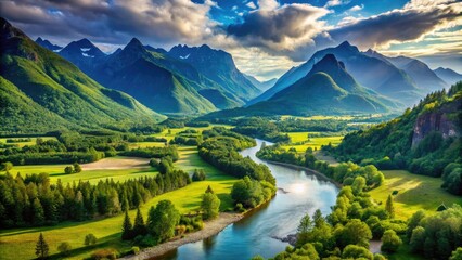 Scenic view of a picturesque landscape featuring mountains, rivers, and lush greenery in nature