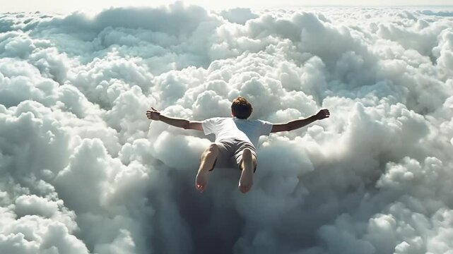 Person flying through a dense layer of clouds in a dreamlike scene